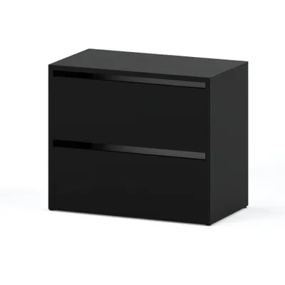 A black, modern cabinet with two drawers against a white background.