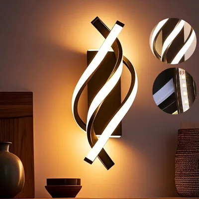 A modern LED wall light with a twisted design is shown mounted on a wall, with close-up insets showing the light source and the fixture's construction. Decorative items are visible on a shelf below.