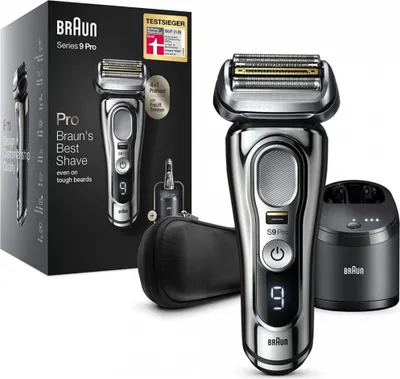A Braun Series 9 Pro electric shaver and its accessories are displayed against a white background.