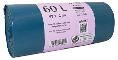 Produktbild von reMat 60l Recycling Müllsäcke, Min. 90% Recyclingmaterial, 250 Abfallbeutel, 25 µm, Ideal für Restmüll, Haushalt und Wertstoffsamlung, Blauer Engel , 10 Rollen