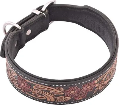 Imagen del producto de Collar de cuero para perros Unyqoos® "Flora" – hecho a mano, cuero marrón con detalles en rojo y beige, 60 cm de largo, 3,9 cm de ancho, para circunferencias de cuello de 47 a 54 cm