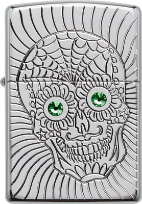 Produktbild von ZIPPO - Sugar Skull Design - Deep Carve/ Stone Armor® Chrome High Polished Poliert Silber Totenkopf Grüne Swarovsky® Kristalle Sturmfeuerzeug nachfüllbar Benzin 60005227