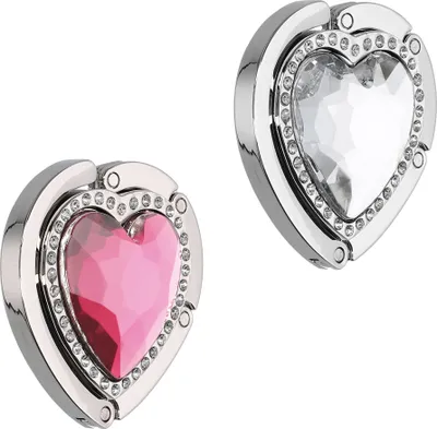 Produktbild von kwmobile Handtaschenhaken 2er-Set für Tische, Rosa Silber, Herz, faltbar, Antirutsch, Magnetverschluss, bis 3 kg, Aluminiumlegierung, Scheibendurchmesser ø 3-4 cm, Hakenlänge 8,5 cm, 45g (je)