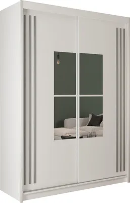 Produktbild von Krudox JAM Schiebetürenschrank Weiß mit Grau-Lamellen und Spiegel 150x216x62 cm Kleiderschrank mit 2 Kleiderstangen