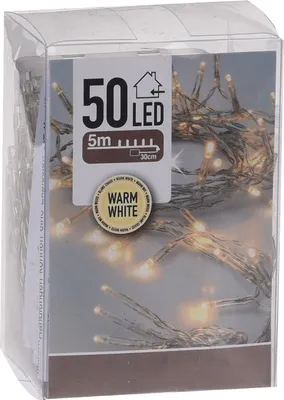 A product package for LED string lights.