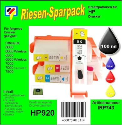 Produktbild von IRP743 - H920er CISS/Easyrefill Starterpack mit 250ml Dr.Inkjet Druckertinte
