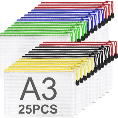 Immagine prodotto di Custodie per documenti formato A3, con cerniera, confezione da 25 pezzi, colorate, in rete e plastica, dimensioni 44x31,5 cm