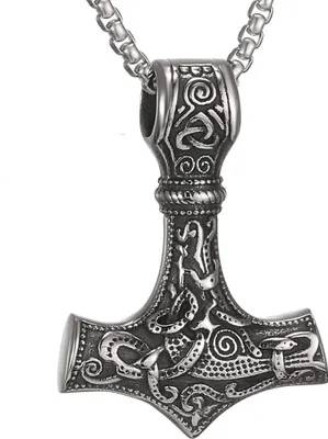 Zdjęcie produktu dla Naszyjnik z młotem Thora ze stali nierdzewnej z runami Mjolnir na prezent dla mężczyzny
