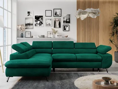 Produktbild von Ecksofa Sofa Grün, Wohnlandschaft L-Form mit Schlaffunktion und Bettkasten, Schlafsofa mit Bettkasten, Sofa mit Einstellbare Kopfstützen, Peter L - Dunkelgrün Velvet - Links Grün