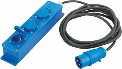 Productafbeelding van Verdeelunit voor stroom, geschikt voor camping en caravan, met CEE-aansluiting, 1,5 meter lang, en 3 SchuKo-stopcontacten