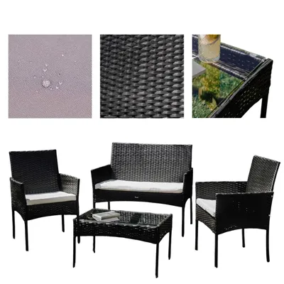 Zdjęcie produktu dla Ferani Zestaw mebli ogrodowych na taras technorattan 4-osobowy z poduszkami fotele sofa stolik kawowy czarny/beżowy