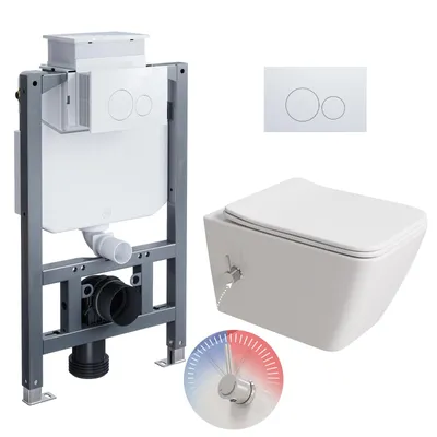 Productafbeelding van HOROW Complete douche-wc toiletset - 82 cm inbouwreservoir + wandtoilet + witte ronde bedieningsknop