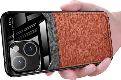Produktbild von iPhone 14 Hülle, TPU Stossfest Anti-rutsch Leder Glas Len Hybrid Schutzhülle für iPhone 14 Braun