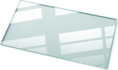 A rectangular glass tabletop is shown from a diagonal angle against a white background. Light reflects off the surface, creating patterns that suggest window panes.