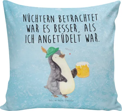 Produktbild von Mr. & Mrs. Panda Kissen 40x40 Pinguin Bier - Eisblau - Geschenk, couch, Polster, , Angetüdelt, Sofakissen, Couchkissen, Beschwippst, Dekokissen