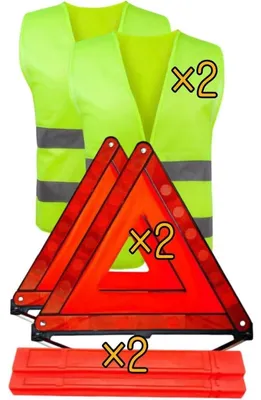 Obrázok produktu pre Sada 6 v 1: výstražný trojuholník a reflexné bezpečnostné vesty pre auto, obsahuje 2 výstražné trojuholníky a 2 reflexné bezpečnostné vesty