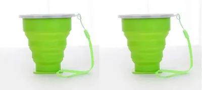 Obrázek produktu pro Skládací kelímky s víkem – 2 kusy – Silikonové skládací kelímky – 200 ml – Zelené – s provázkem – Silikon – CHPN