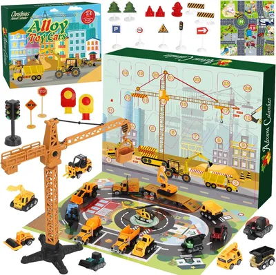 Produktbild von Adventskalender Kinder 2026, 24 Tage, mit Spielzeugautos und Baugeräten, für die Weihnachtszeit