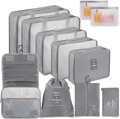 Imagen del producto de Organizador de maletas, juego de 11 piezas, varios tamaños, color gris, ideal para viajes