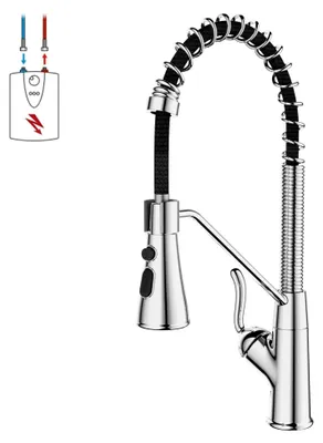 Produktbild von Niederdruck Küchenarmatur, 360° drehbare Küchenarmatur, Wasserhahn mit 3 Anschlüssen für Boiler, hohe Mischbatterie mit 2 Brausemodi, Kupfer, Chrom