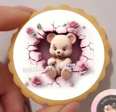 Produktbild von Bär Teddy im Herz Rosen pink rund  Keks / Cupcake Aufleger 1 Seite Saracino Cake Paper - leicht raue Oberfläche Ausstanzung rund  3,8 cm 35 Stk.