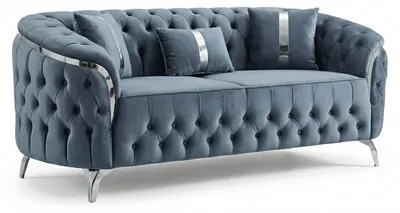 Obrázok produktu pre Nadčasová modrá čalúnená sedačka Chesterfield, dvojmiestna, elegantný dizajn
