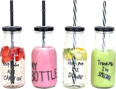 Produktbild von 440s Glas Trinkflaschen 4er Set mit Verschluß und Trinkhalm