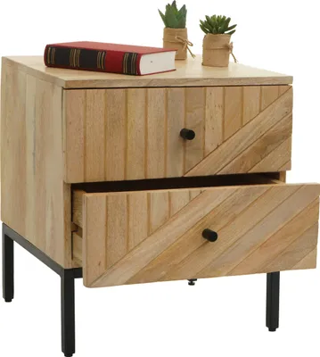 Zdjęcie produktu dla Stolik nocny HWC-L95, szafka nocna z szufladą z drewna mango 51x45x40cm z certyfikatem MVG, naturalny