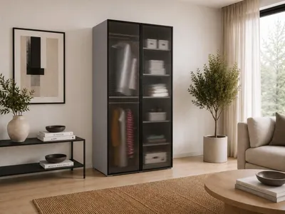 Produktbild von Drehtürenschrank, Falttürenschrank 2-türig Schrank mit Einlegeböden und Kleiderstange, Schlafzimmer  - Schrank Minewra 100 - Grau Flutes