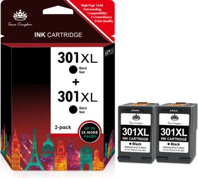 A product shot of ink cartridges and their packaging, with promotional text and graphics.