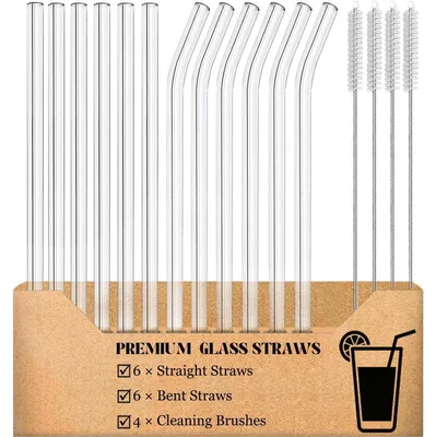 Produktbild von Wiederverwendbare Glas-Trinkhalme 16 Stück Transparent 6 gerade 6 gebogen 4 Reinigungsbürsten 21,6 x 10 mm