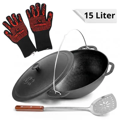 Produktbild von Kopie von Kazan 15L mit Gusseisendeckel Edelstahl Pfannenwender Grillhandschuhe Schwenktopf Asia Wok Kasan Kessel #1