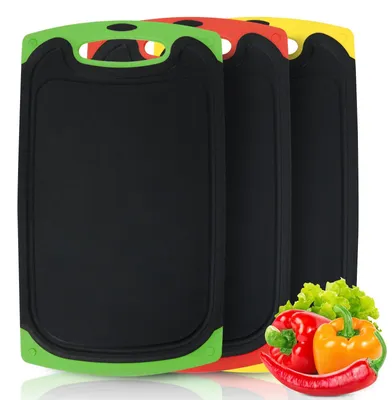 Produktbild von 3er-Set Schneidebretter | Schwarze Kunststoff-Schneidebretter mit Saftrille und rutschfesten Griffen | Große, antibakterielle Schneidebretter | BPA-freies Küchenbrett für Obst, Gemüse und Fleisch
