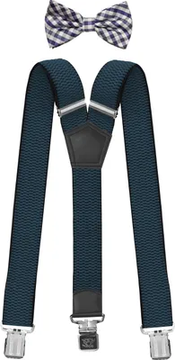 Produktbild von Fabio Farini - 1 Stück mit passender Fliege als Set 4cm Y-Form für Herren Pack Blau 4cm Hosenträger - Blau Weiß Kariert Fliege