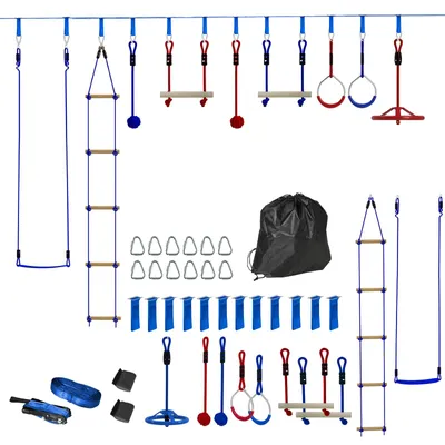 Produktbild von 6 Seilrutschen-Kits für Kinder Ninja Slackline-Set mit 2 Turnringen, 2 Kletterstangen, 2 Seilbällen, hängendem Tablett, Schaukel und Kletterleiter, baumfreundliche Gurte, bis 50 kg, 3-6 Jahre, Blau, 1000 cm