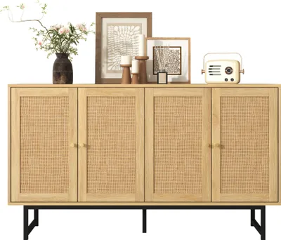 Produktbild von Sideboard Kommode Anrichte mit 4 Türen aus echtem Rattan Geflecht Holz-Optik 140x39,5x80 cm Natur Schwarz