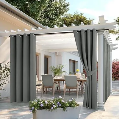 Produktbild von Outdoor Vorhang 2 Stücke Outdoorvorhänge Wetterfest mit Ösen, Blickdicht Sonnenschutz Wasserdicht Outdoor Außen Gardine für Garten Terrasse Pavillon Veranda Balkon B 132 x H 215 cm Grau