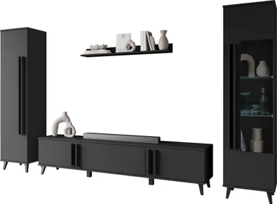 Produktbild von MIRJAN24 Wohnwand Helsinki II, TV-Möbel, Große Anbauwand, Schrankwand, Wohnzimmer-Set (Farbe: Schwarzer Graphit, ohne Beleuchtung)