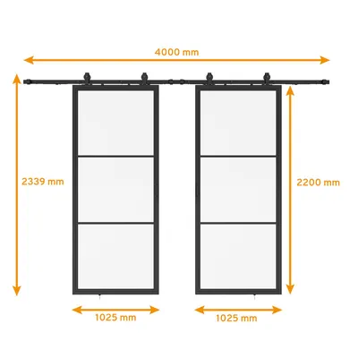 Produktbild von inova Doppelflügelige Loft-Glasschiebetür 2050 x 2200 mm, 3 Felder Klarglas, Stahlrahmen Schwarz, Komplettset, Softclose beidseitig
