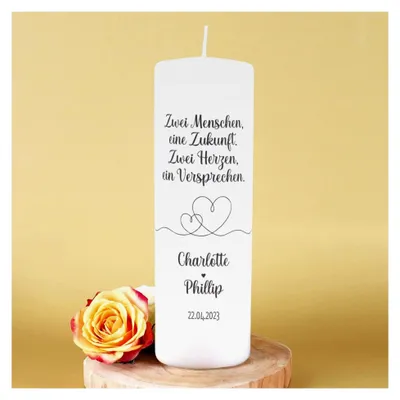 Produktbild von Hochzeitskerze mit sommerlichen Motiven oder Sprüchen, personalisiert mit Namen und Datum - Zwei Herzen, ein Versprechen