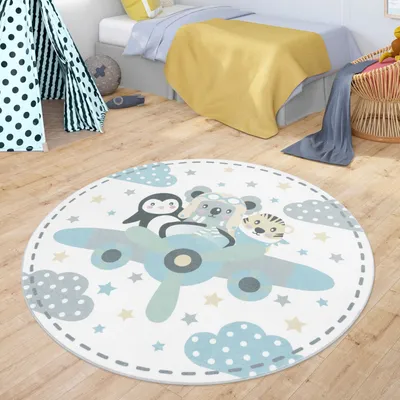 Produktbild von TT Home Runder Teppich Kinderzimmer Kinderteppich Waschbar Tiere Tiger Koala Bär Pinguin Größe 160 cm Rund