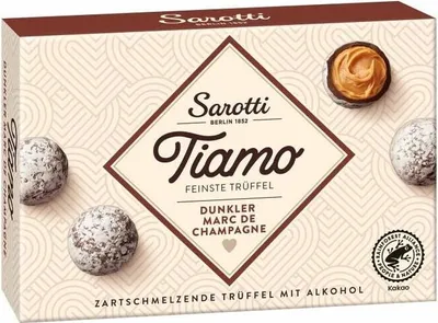 Produktbild von Sarotti Tiamo Feinste Trüffel Dunkler Marc de Champagne 125g