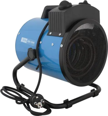 A blue electric heater with a black stand and cord.