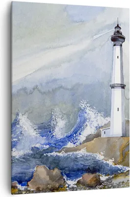Produktbild von Bild auf Leinwand - Leinwandbild - Einteilig - Leuchtturm Wasser Illustration Welle - 70x100cm - Wand Bild - Wandbilder - Leinwanddruck - Wanddekoration - Leinwand bilder - Wandbild - PA70x100-2997
