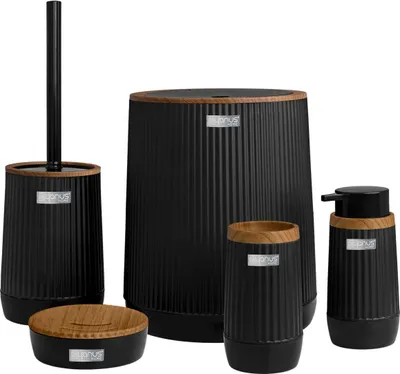 Zdjęcie produktu dla OKYANUS | Zestaw łazienkowy - Nida - 5-częściowy - Czarny/drewno - Nowoczesny design - Wysokiej jakości materiały