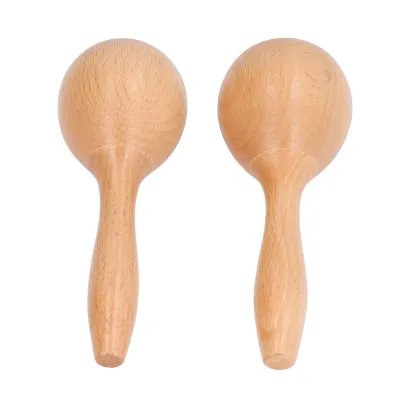Imagen del producto de 2 maracas de percusión manual, sonido claro, acabado brillante, dimensiones 14x5x5 cm, fabricadas en madera de haya. Instrumento de maracas ideal para fiestas