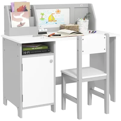 Image de Bureau pour enfant avec chaise - Ensemble bureau pour enfants - Avec espace de rangement - Avec tableau blanc - 90x45x85 cm - Gris clair