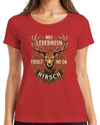 Obrázok produktu pre Mei Lederhosn – Dámske tričko s motívom "Hirsch Bayern Alpen Lederhose Dirndl", červené, veľkosť XXL