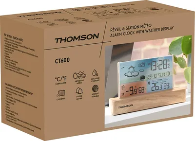 Obrázek produktu pro THOMSON, Digitální budík s venkovním senzorem, barevný displej, dvojitý budík, modrá/hnědá barva