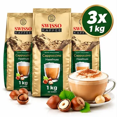 Productafbeelding van SWISSO Cappuccino Hazelnoot 3 x 1 kg – Instant Cappuccinopoeder met Hazelnootsmaak – Oplosbaar Koffiedrankpoeder 3 kg